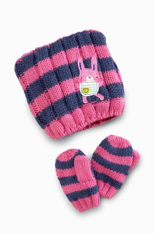 Pink/Navy Rabbit Beanie And Mitts Set (3mths-6yrs)